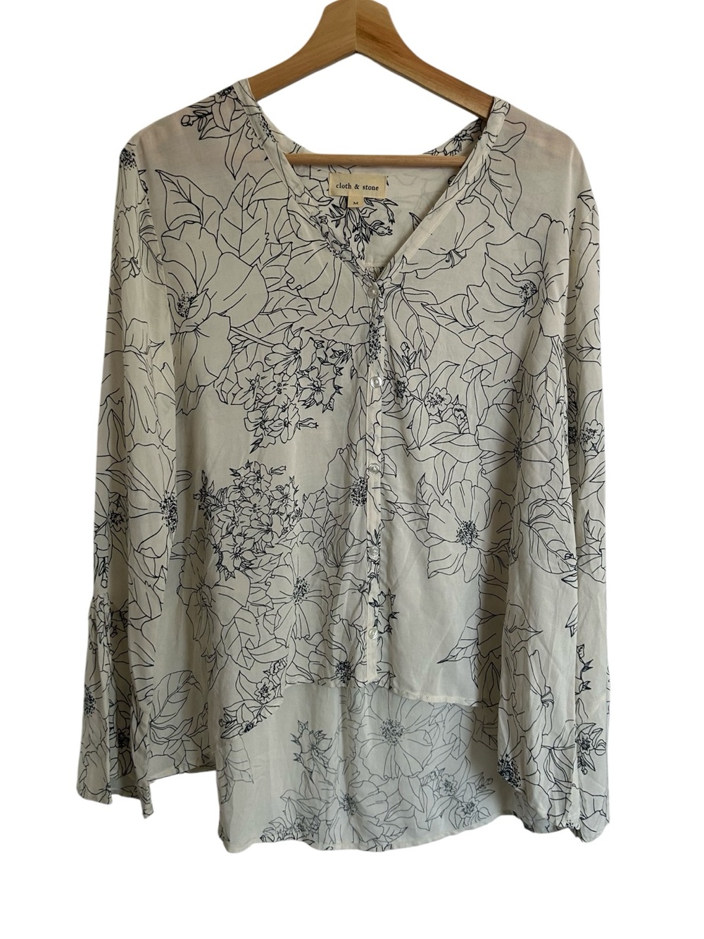 Cloth & Stone Long Sleeve Shirt. Ivory With Grey Floral Sketch Medium
